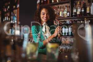 Portrait of female bartender mixing a cocktail drink in cocktail shaker