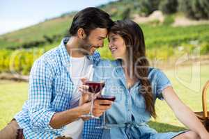 Romantic couple holding red wine glasses
