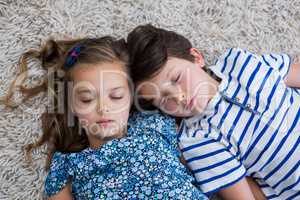 Siblings sleeping on rug in living room