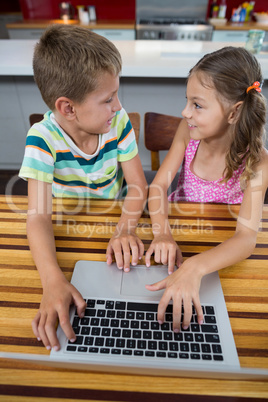 Siblings interacting with each other while using laptop