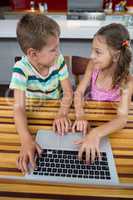 Siblings interacting with each other while using laptop