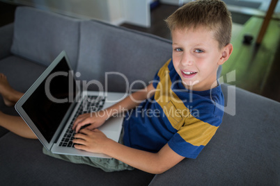 Portrait of boy using laptop in living room