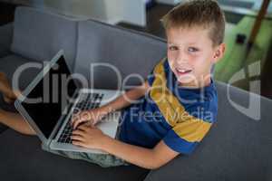 Portrait of boy using laptop in living room