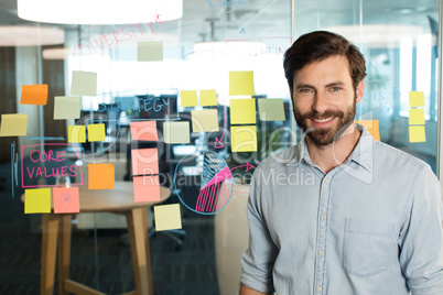 Portrait of young confident businessman standing by strategy on glass at office