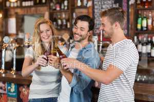 Friends toasting beer bottles at pub