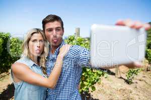 Young couple taking selfie through mobile phone at vineyard