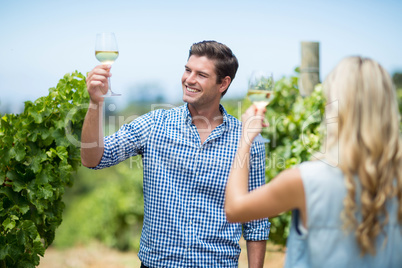 Young couple raising hands while holding wineglasses