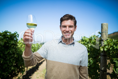 Portrait of happy young man holding wineglass at vineyard
