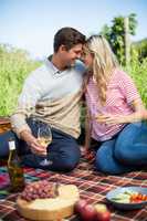Smiling young couple face to face holding wineglasses