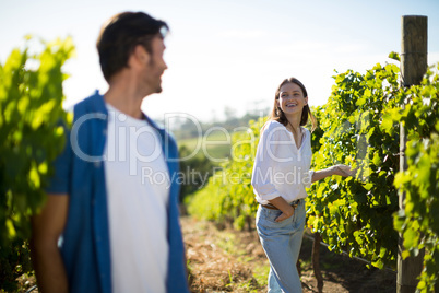 Happy couple looking at each other standing in vineyard