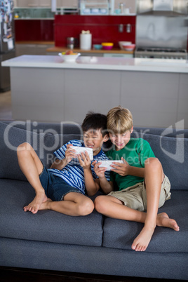 Siblings using mobile phone in living room