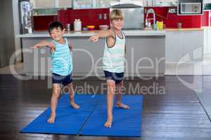 Portrait of smiling siblings doing stretching exercise