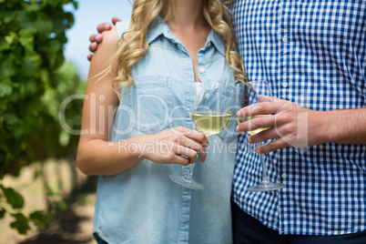 Mid section of couple holding wineglasses