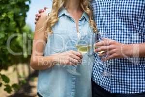 Mid section of couple holding wineglasses