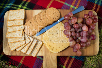 High angle view of  grapes with cookies and cheese