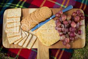High angle view of  grapes with cookies and cheese