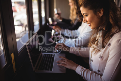 Woman using laptop in restaurant