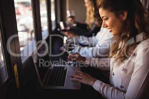 Woman using laptop in restaurant