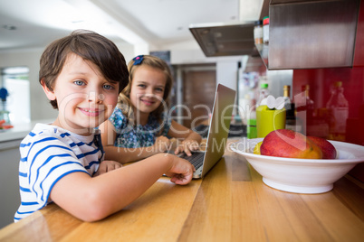 Smiling siblings using laptop in kitchen