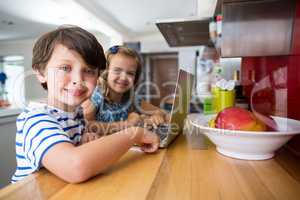 Smiling siblings using laptop in kitchen