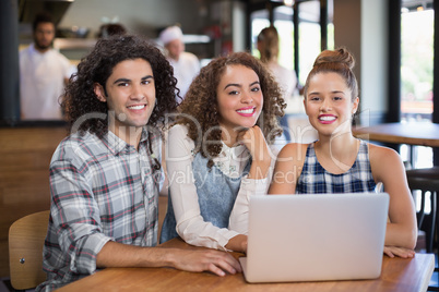 Smiling friends using laptop while sitting in restaurant