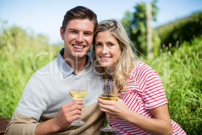 Smiling young couple embracing while holding wineglasses