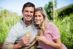 Smiling young couple embracing while holding wineglasses