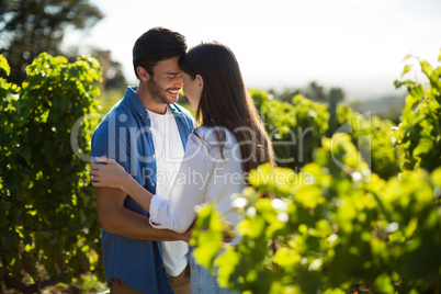 Happy young couple standing face to face at vineyard