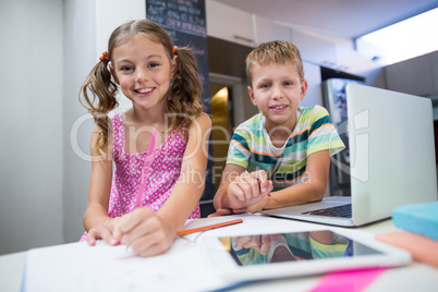 Portrait of siblings doing their homework in kitchen