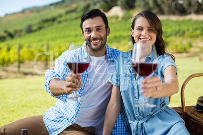 Portrait of happy couple offering wineglasses