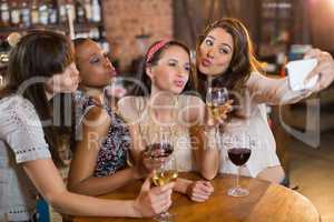 Female friends taking selfie while holding wineglasses
