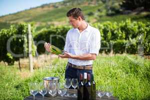 Man holding wine bottle by table at vineyard
