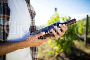 Mid section of man holding wine bottle at vineyard