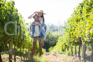 Portrait of happy couple piggybacking at vineyard