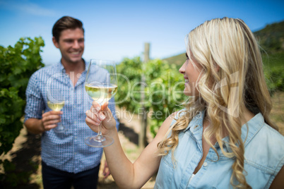Happy couple holding wineglasses