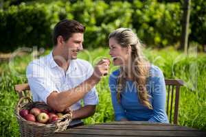 Smiling man feeding apple to girlfriend