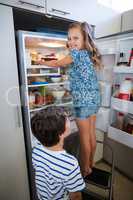 Siblings removing cake from refrigerator in kitchen