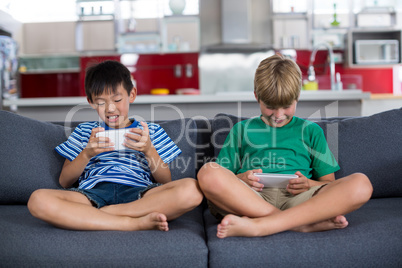 Siblings using mobile phone in living room