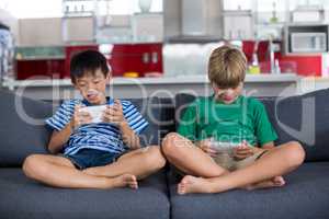 Siblings using mobile phone in living room