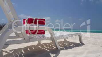 v02043 Maldives beautiful beach background white sandy tropical paradise island with blue sky sea water ocean 4k sun bed bag