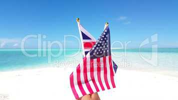 v02045 Maldives beautiful beach background white sandy tropical paradise island with blue sky sea water ocean 4k flags uk usa