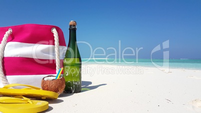 v02057 Maldives beautiful beach background white sandy tropical paradise island with blue sky sea water ocean 4k champagne bag coconut