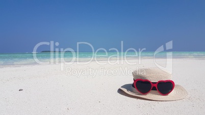 v02061 Maldives beautiful beach background white sandy tropical paradise island with blue sky sea water ocean 4k sunglasses hat