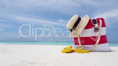 v02073 Maldives beautiful beach background white sandy tropical paradise island with blue sky sea water ocean 4k bag hat flip flops