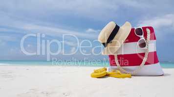 v02073 Maldives beautiful beach background white sandy tropical paradise island with blue sky sea water ocean 4k bag hat flip flops