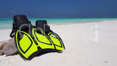 v02077 Maldives beautiful beach background white sandy tropical paradise island with blue sky sea water ocean 4k snorkel scuba fins flippers