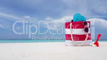 v02355 Maldives beautiful beach background white sandy tropical paradise island with blue sky sea water ocean 4k bag flip flops