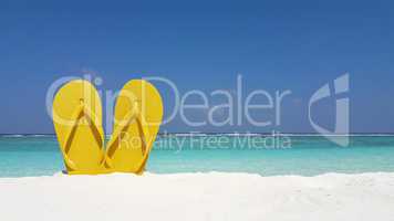 v02389 Maldives beautiful beach background white sandy tropical paradise island with blue sky sea water ocean 4k yellow flip flops
