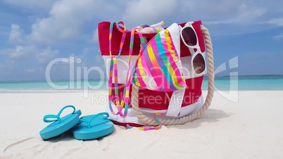 v02435 Maldives beautiful beach background white sandy tropical paradise island with blue sky sea water ocean 4k bag flip flops