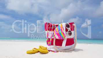 v02437 Maldives beautiful beach background white sandy tropical paradise island with blue sky sea water ocean 4k bag flip flops